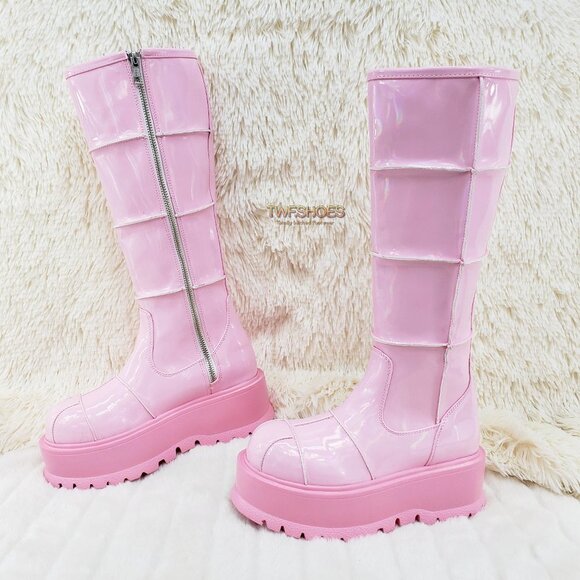 Demonia Shoes - Pink Patent Knee High Goth Punk Festival Boots